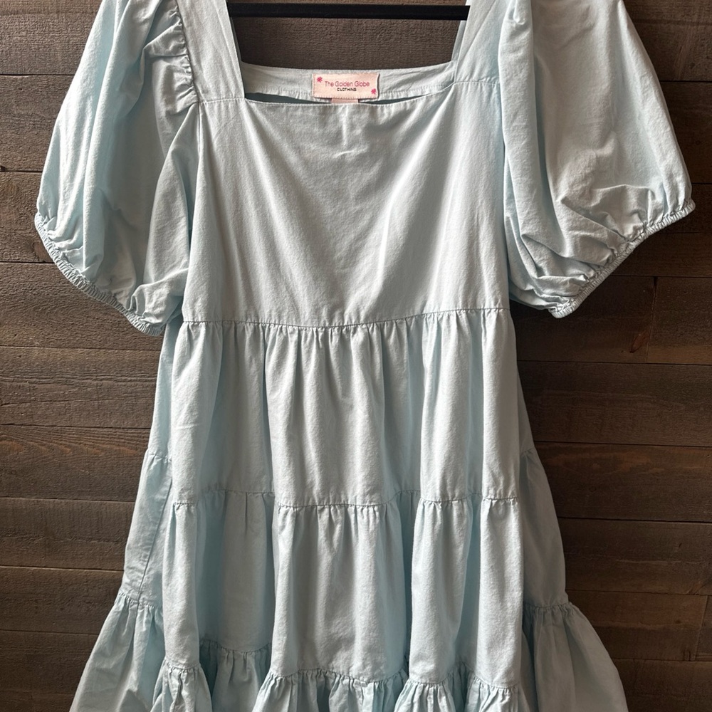 The Golden Globe Baby Blue Tiered Ruffled Cotton Mini Sundress